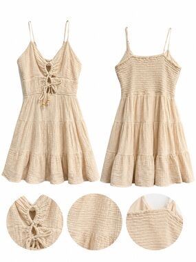 Ocean Drive Beige Tiered Mini Dress with Tie-Front